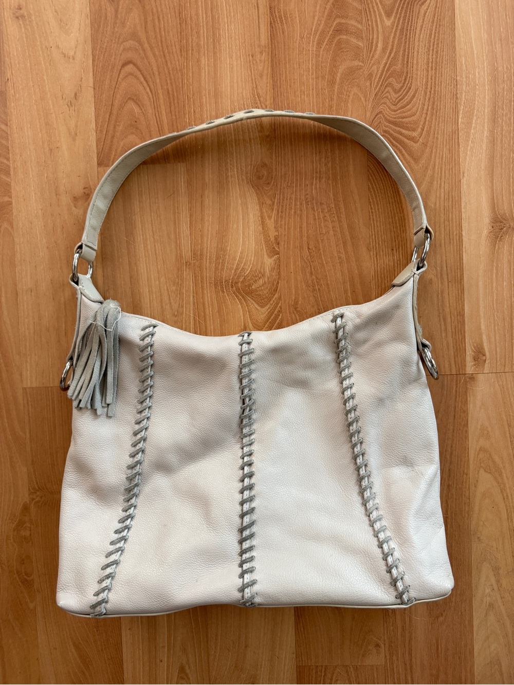 Vintage leather White Stitched Hobo Bag with Tassel